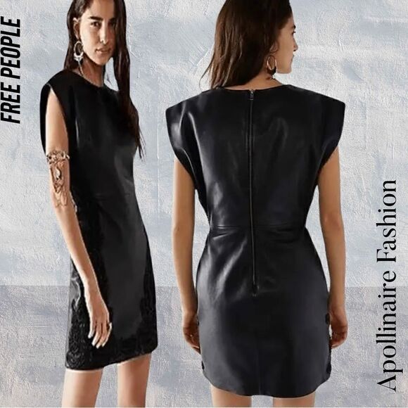 FREE PEOPLE CITY SLICKER LEATHER MINI DRESS IN BLACK NWT SIZE 2 - Picture 1 of 10